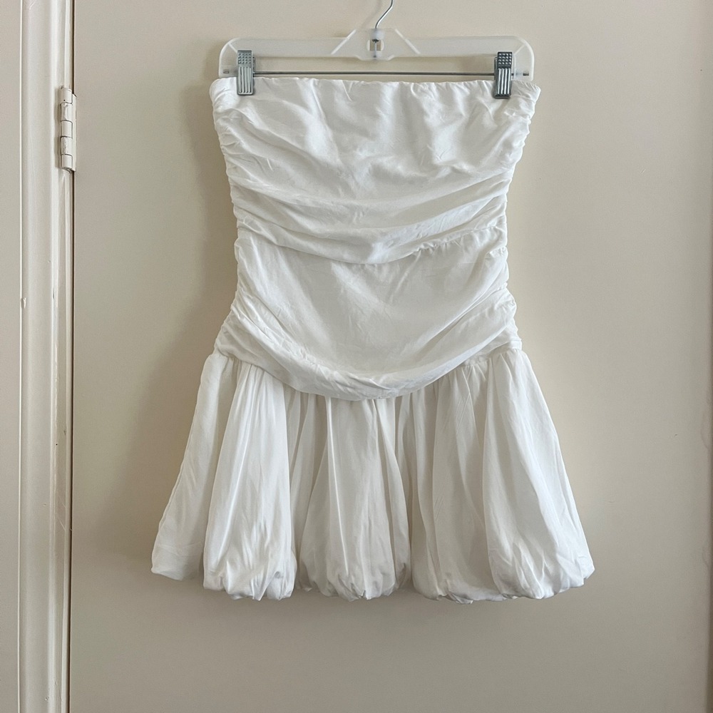 Princess Polly Glamour Girl Strapless Ruched Bubble Hem Mini Dress 4 Coquette.